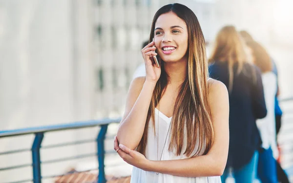 Distance Too Great Attractive Young Woman Making Phone Call While — Stock Fotó