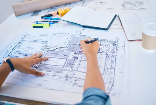 Architect Sketching Planning Drawing Architectural Design Plan Blueprint Diagram Draw — Stockfoto