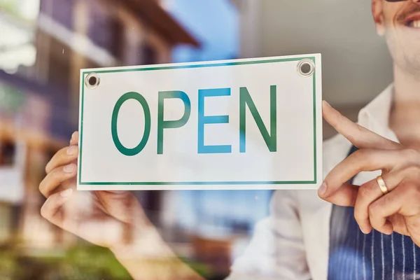 Were Open Come Unrecognizable Man Putting Open Sign Restaurant — Fotografia de Stock