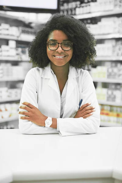Every Customers Needs Just Important Portrait Cheerful Young Female Pharmacist — Stock Photo, Image