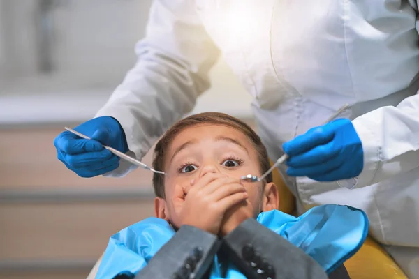How Going Get Out Frightened Little Boy Lying Dentist Chair — Foto Stock
