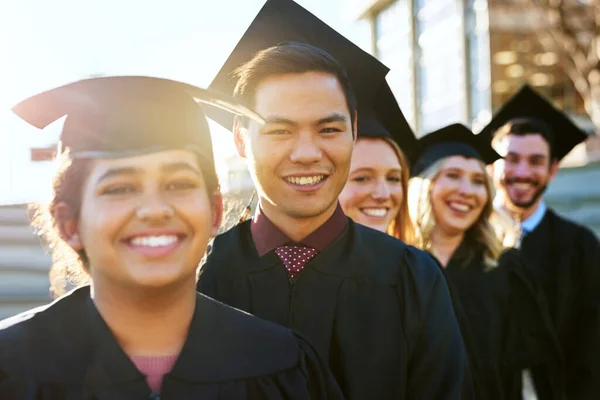 Our Proudest Moment Portrait Group Students Standing Line Graduation Day — Foto de Stock