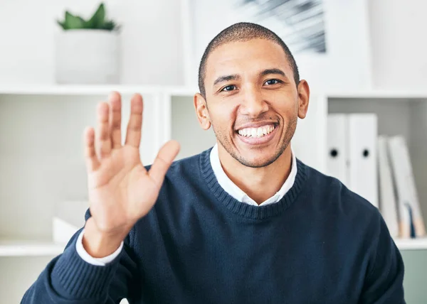Waving Greeting Friendly Employee Bright Smile Positive Mindset Office Portrait — Stock Fotó