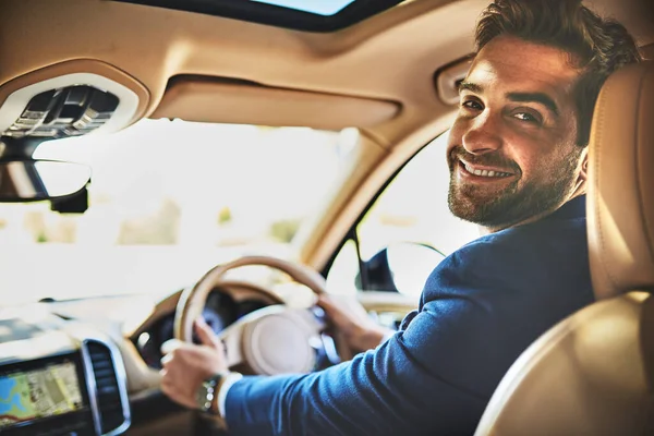 Loves Going Work Positive Confident Portrait Cheerful Young Businessman Driving — Fotografia de Stock