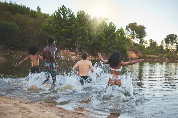 Nature Vacation Friends Having Fun Swimming Lake Trip Together Enjoying — Stok fotoğraf