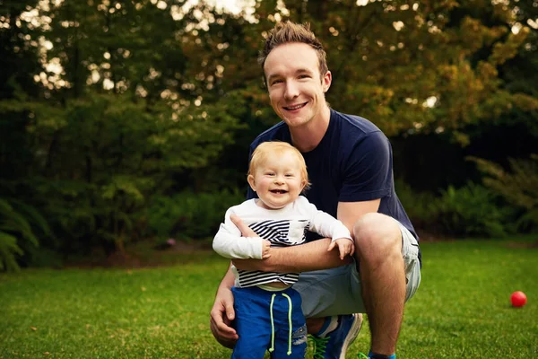 Daddy Dearest Adorable Little Boy His Father Playing Backyard — Fotografia de Stock