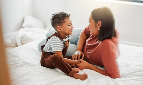 Childcare Love Caring Mother Playing Toddler Son Bedroom Teaching Him — Photo