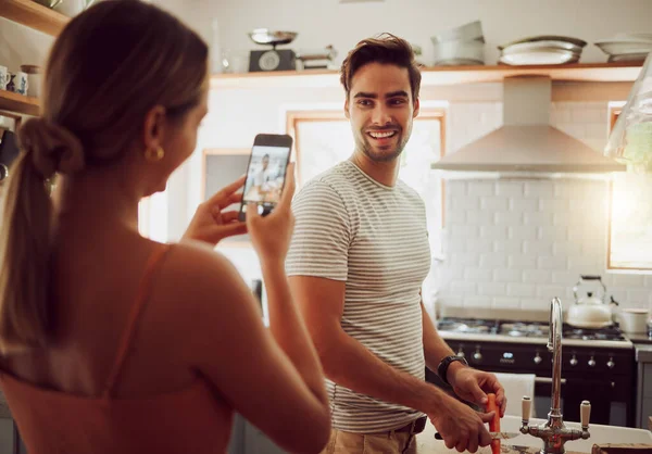 Woman Taking Photo Phone Boyfriend Kitchen While Bonding Laughing Cooking — Fotografia de Stock