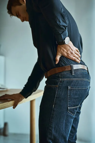 Carrying Pains Stressful Workday Young Businessman Suffering Back Pain While — Stock Photo, Image