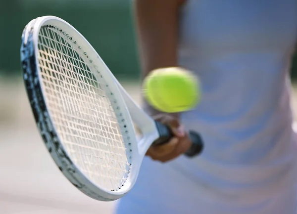 Closeup Tennis Ball Racket Sport Fit Active Healthy Player Hitting — Foto de Stock