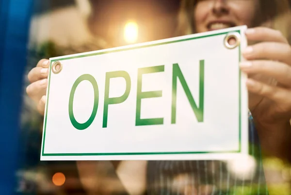 Open Business Ready Customers Unrecognizable Woman Holding Open Sign Bar — Foto Stock