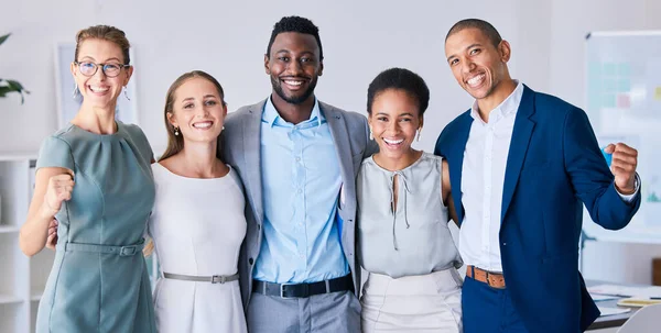 Multicultural Smiling Celebrating Success Startup Group Modern Office Attractive Diverse — Fotografia de Stock