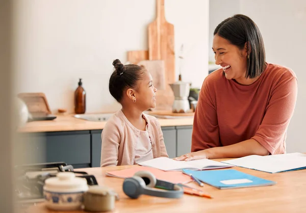 Home school, laughing, child and mother bonding after homeschool homework, school work and education test. Adorable, cute and small daughter learning and drawing with a parent or woman.