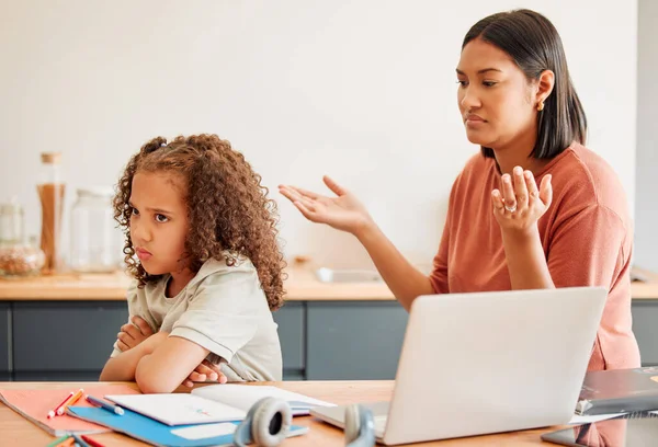 Confused Parent Teaching Upset Daughter Home School Angry Sad Child — Stockfoto