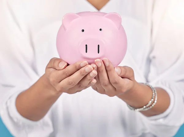 Piggybank Future Investment Money Hands Female Bank Manager Doing Finance — Zdjęcie stockowe