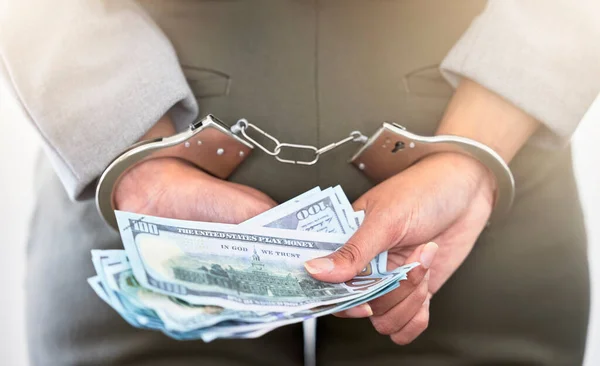 Handcuffs Dollars Business Woman Arrested Theft Work Money Crime Punishment — Stockfoto