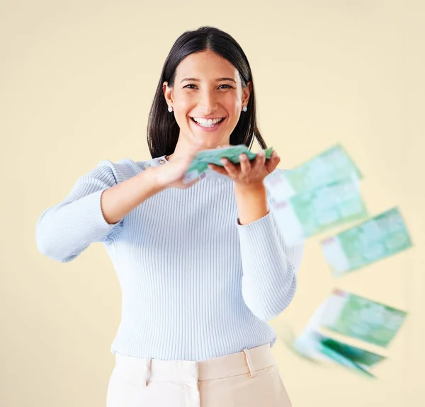 Wealthy Rich Happy Woman Throwing Money Smiling Her Financial Success — Foto de Stock