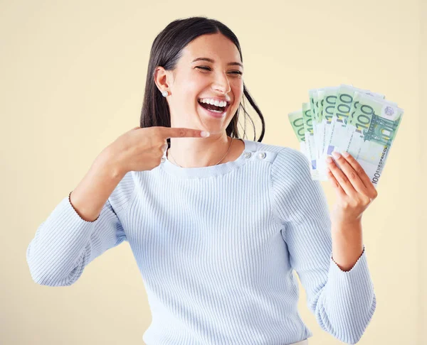 Money Investment Growth Finance Success Happy Excited Smiling Woman Pointing — Foto de Stock