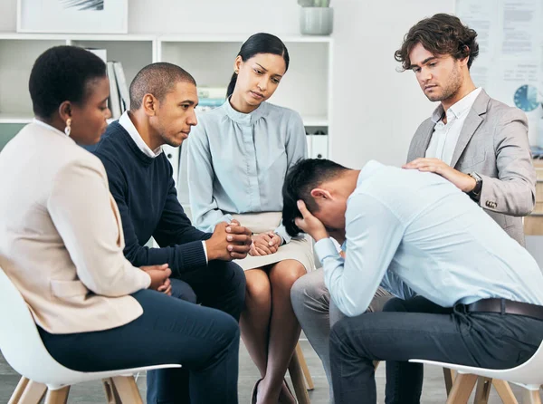 Depression Support Unity Colleagues Comforting Male Getting Bad News Work — Stockfoto