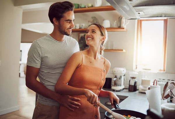 Romantic Happy Young Couple Cooking Dinner Food Hug Home Date — Stockfoto