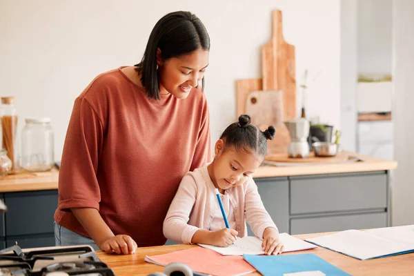 Home school, education and learning child while teaching mother watches daughter draw or colour. Female parent bonding with adorable, cute or little girl while she does homework, art activity or test.