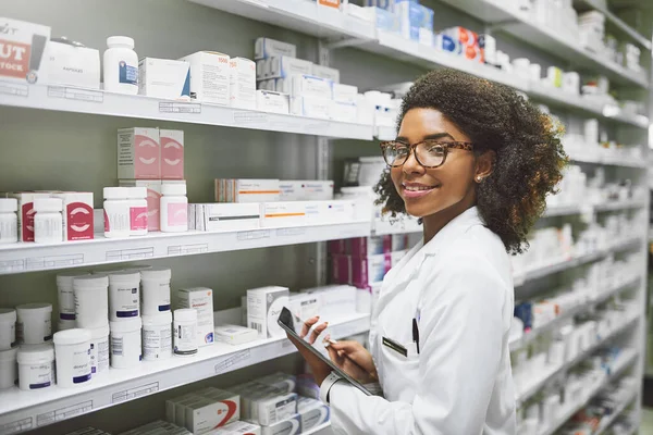 Time Take Your Meds Portrait Cheerful Young Female Pharmacist Holding — Stock Photo, Image