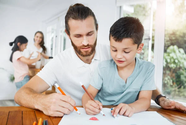 Father Son Bonding Drawing Learning Family Background Home Little Boy — Stok fotoğraf