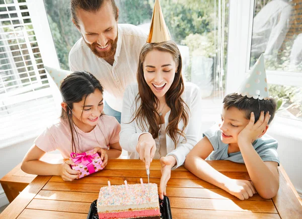 Birthday Cake Celebration Family Celebrating Mother Special Day Cutting Dessert — Zdjęcie stockowe