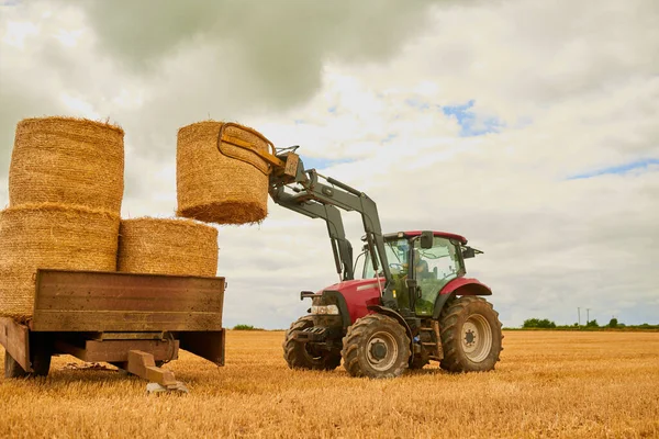 Stack Farmer Stacking Hale Bales Tractor His Farm — Foto de Stock