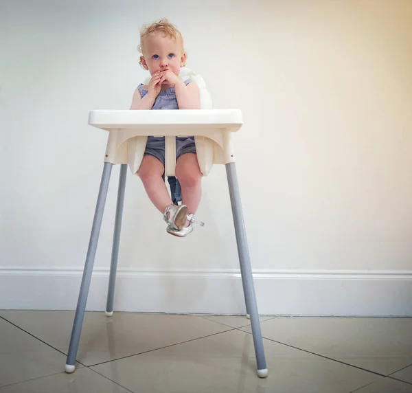 Wheres Waiter Starving Adorable Baby Girl Sitting Her High Chair — Stock Photo, Image