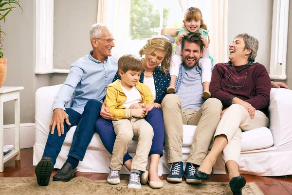 Joy Family Fills World Love Multigenerational Family Sitting Sofa Home — Stock fotografie