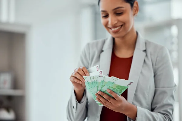 Financial Growth Retirement Saving Holding Money Notes Young Female Cash — Fotografia de Stock