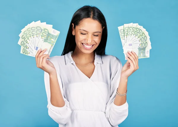 Money Winner Cash Hands Woman Cheering Wealth Success Celebration Wow — Fotografia de Stock