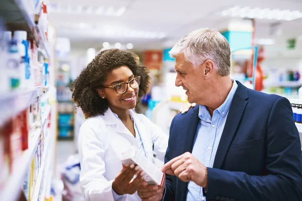 You Need Help Sir Helpful Young Female Pharmacist Helping Customer — Stock Fotó