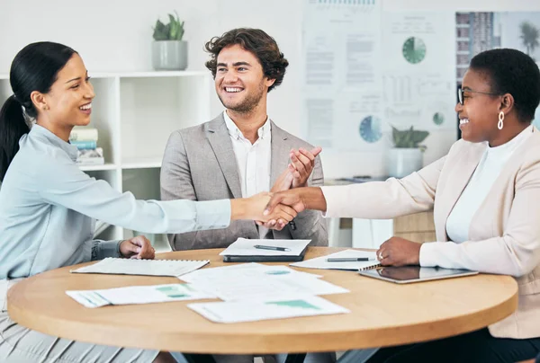 Happy business people do handshake in agreement, congratulate and teamwork in office meeting after successful partnership deal with colleague clapping. Happy, about the promotion for startup company.