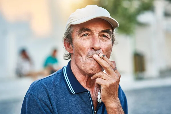 Taking Drag Portrait Cheerful Senior Man Smoking Cigarette Standing While — 图库照片
