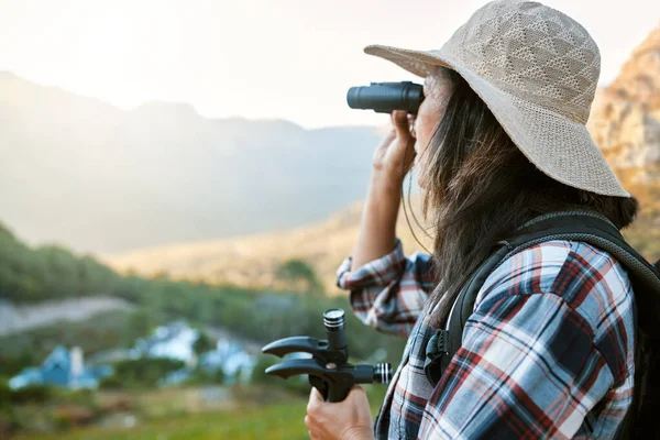 Hiking Exploration Mountain Adventure Binoculars Trekking Pole Walking Aid Remote — Stockfoto