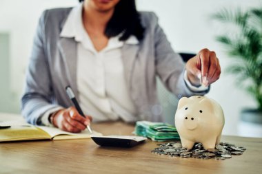 Finance, planning and saving with budget tracking, counting personal finances and family money management. Woman calculating cash and coins in piggy bank for future bills, retirement or holiday funds.