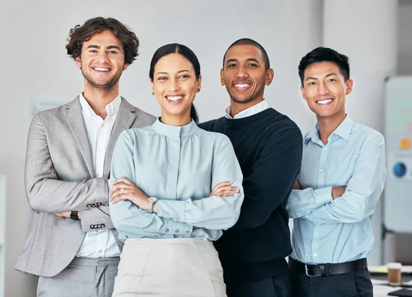 Businesspeople, team or group of young professionals, staff or interns in unity at office. Portrait of diverse company employees, colleagues and coworkers of b2b advertising and marketing agency.