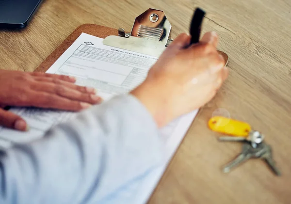 Signing Contract Document Paper Closeup Banker Client Worker Writing Filling — Foto de Stock