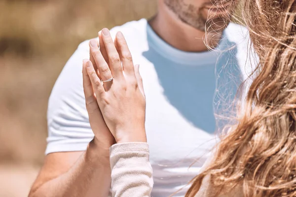 Closeup Engaged Couple Holding Hands Showing Romance Love Care Caucasian — Fotografia de Stock