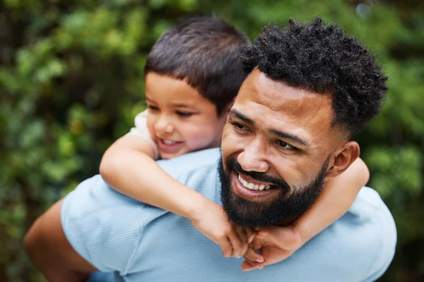 Happy Father Son Piggyback While Smiling Laughing Playing Park Outdoors — Stock fotografie