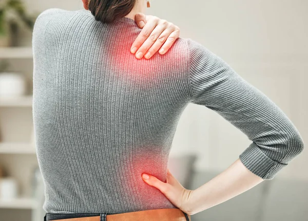 Shoulder Hip Back Pain Woman Touching Holding Painful Area Her — Stock fotografie
