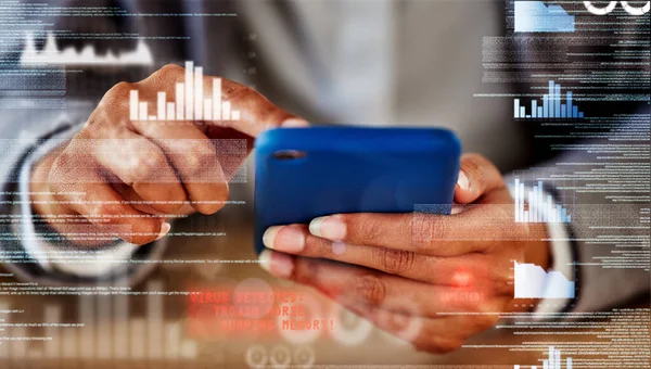 Data Charts Finance Businesswoman Phone Working Software App Accounting Ecommerce — ストック写真