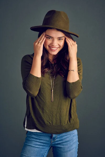 Even Hats Look Good Her Studio Shot Cheerful Young Woman —  Fotos de Stock