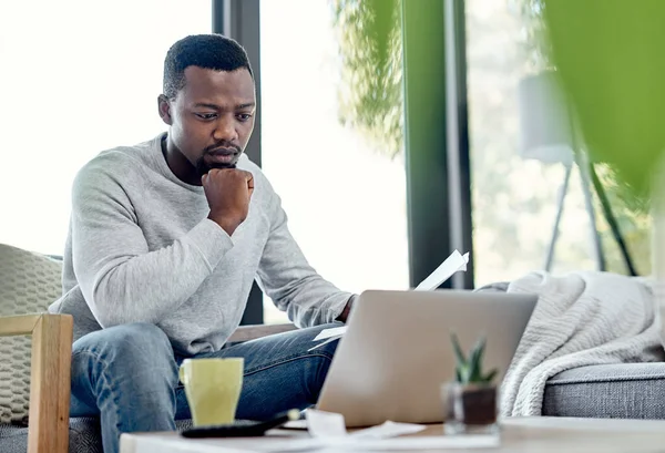 Finance Stress Worried Black Man Paying Bills Laptop While Doing —  Fotos de Stock