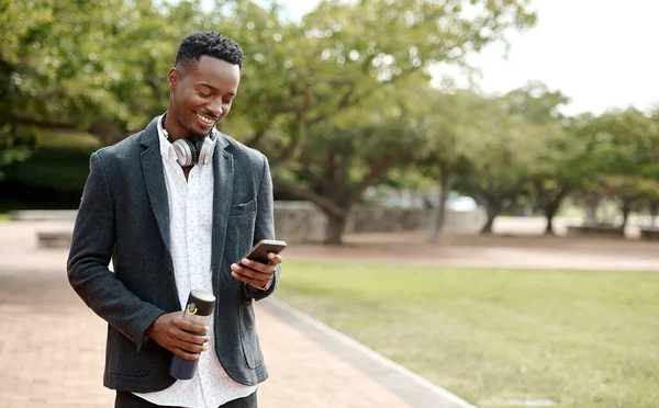 Young Cool Smiling Businessman Phone Having Walk Park Nature Happy — Foto de Stock