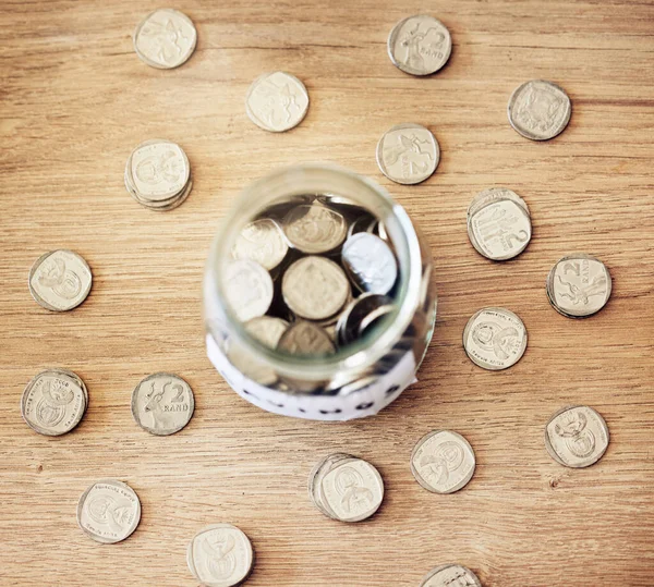 Savings Investment Jar Full Coins Wooden Table Future Financial Growth — Fotografia de Stock