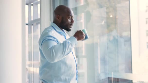 Drinking Coffee Getting Ready Thinking Business Man Standing Window Morning — Stock videók