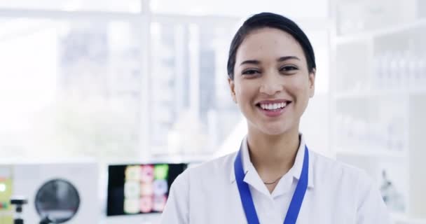 Happy Smiling Confident Young Female Scientist Standing Alone Empty Modern — Video